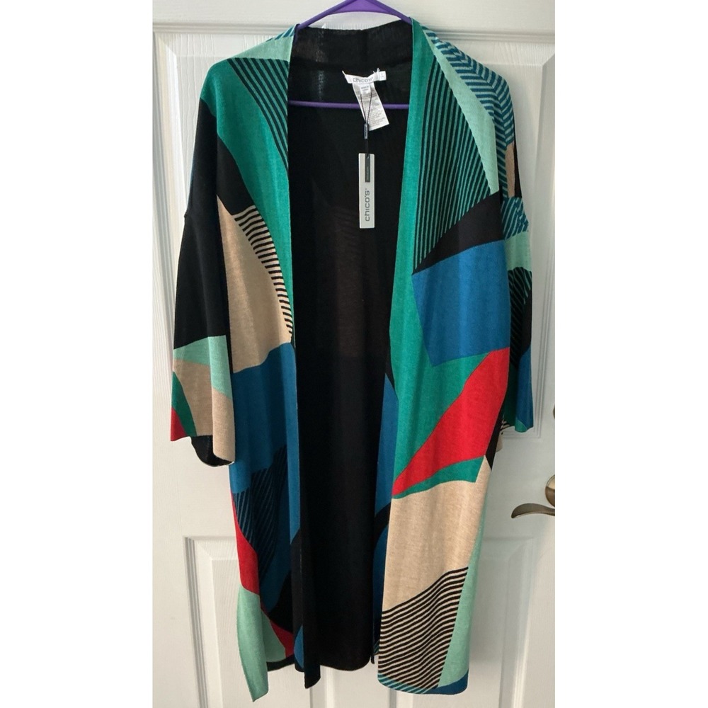 NWTChico's Travelers Kimono Cardigan Sweater Jacket  Scandi Blue Colorblock Sz 2